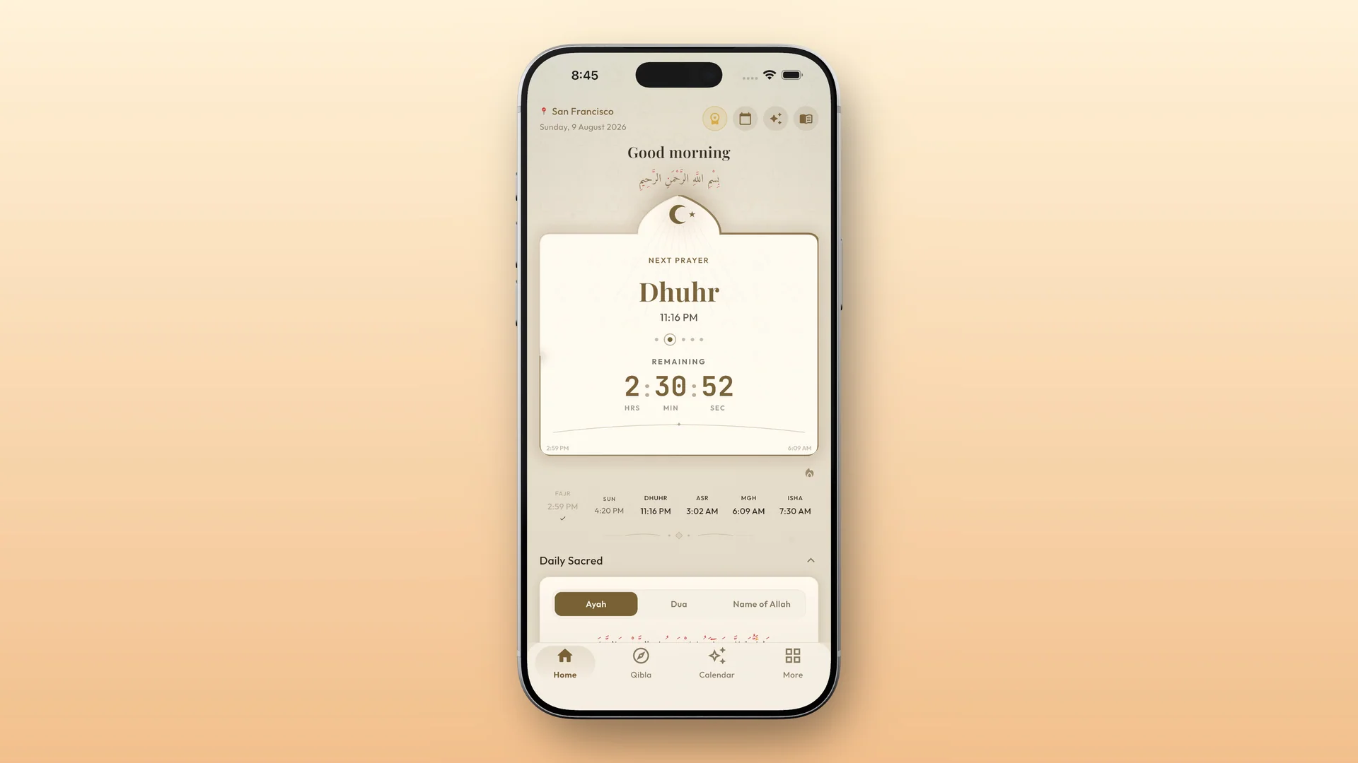 Raha home screen with prayer times for the daily worship routine